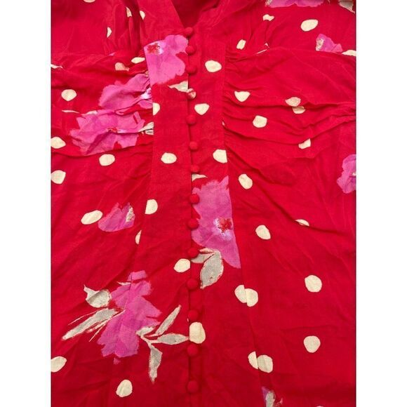 Free People Mini Dress Button Down Long Sleeves V Neck Sz XS Red w Flowers NWOT - Picture 3 of 13